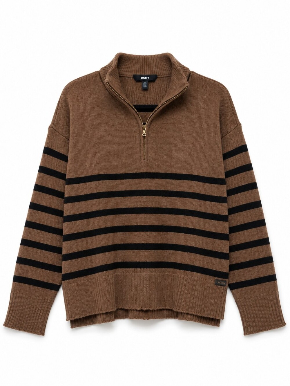 DKNY Brown and Black Striped Half-Zip Sweater